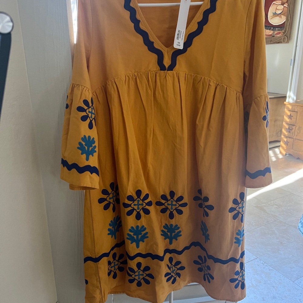 Mustard Yellow Dress with Blue Floral Embroidery